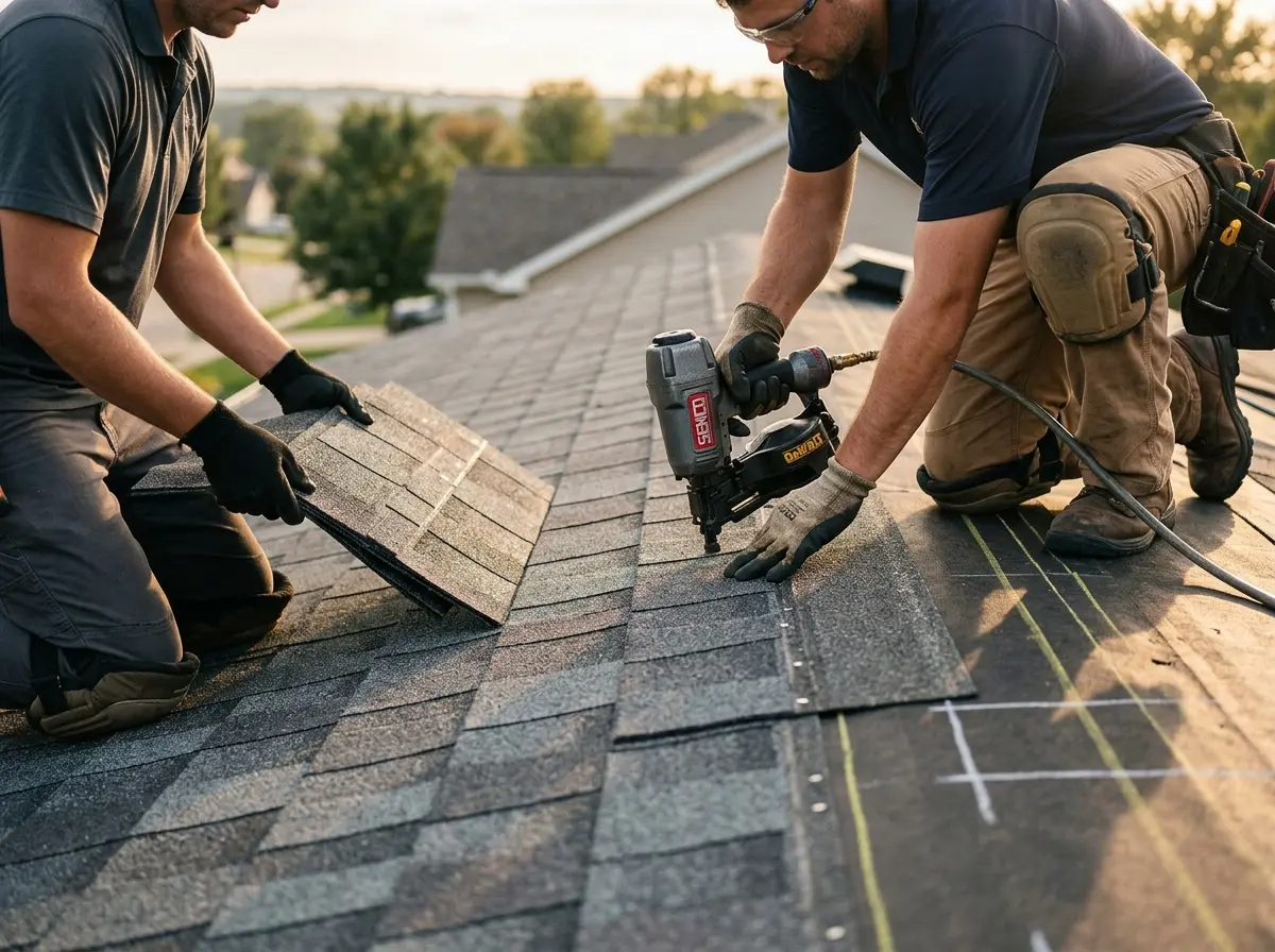 Professional roofer working on a residential roof in Mounds View